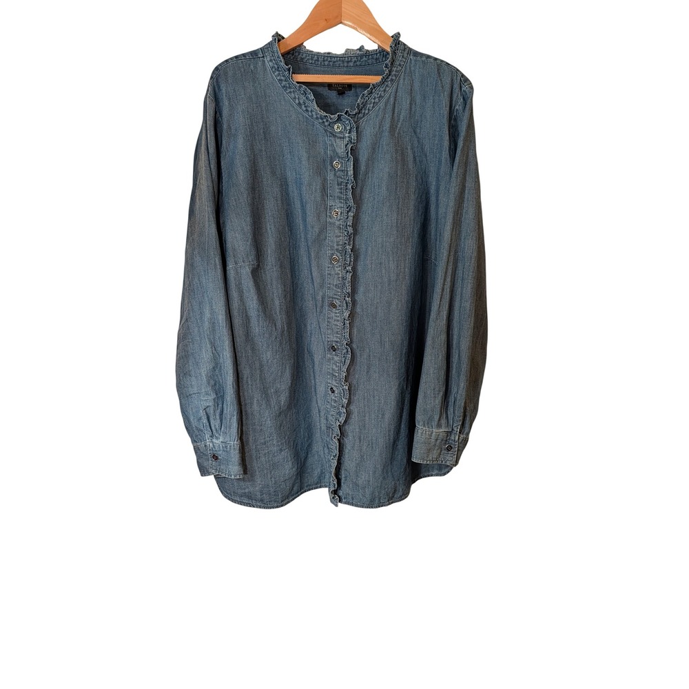 Talbots Plus Blue Cotton Chambray Ruffle Trim Button Down Shirt 3X BD2706
